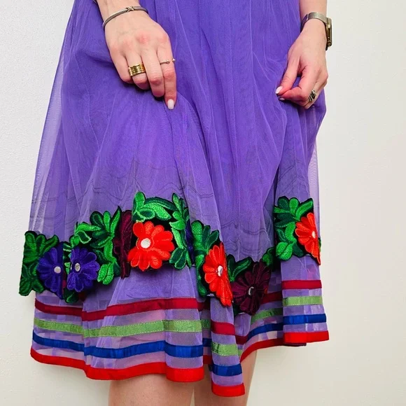 Vintage Phool Dress Indian Vibrant Purple Floral Embroidered Midi - Picture 5 of 10